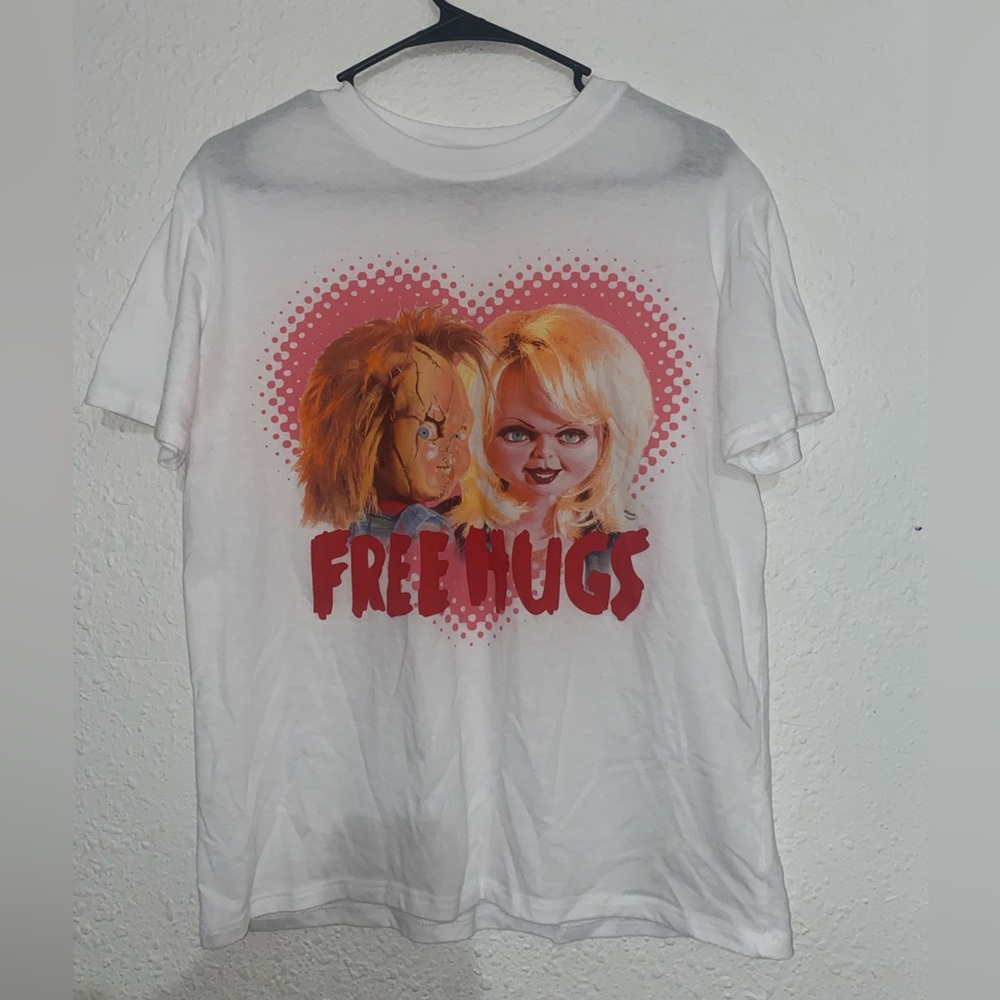 White Tee with 'Free Hugs' Graphic